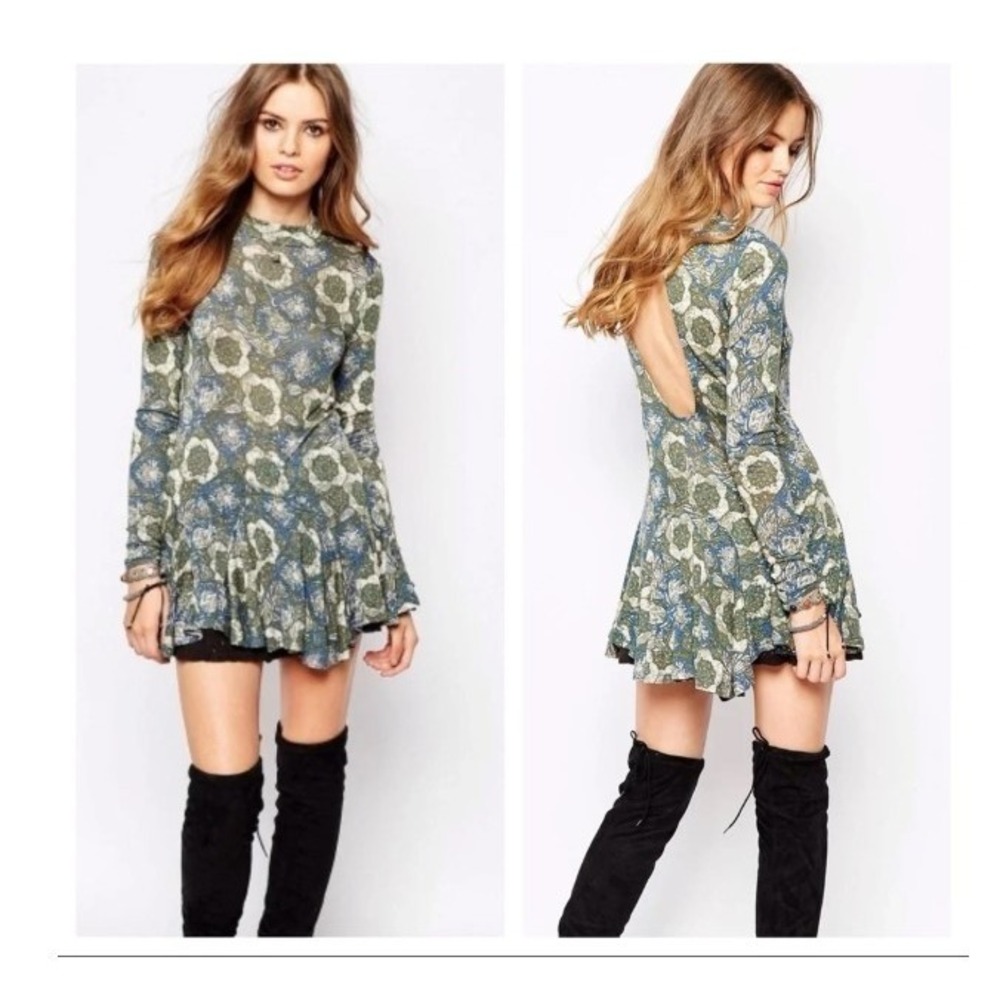 Free People S Floral Keyhole Back Long Sleeve Tunic Mini Dress Linen Blend Boho